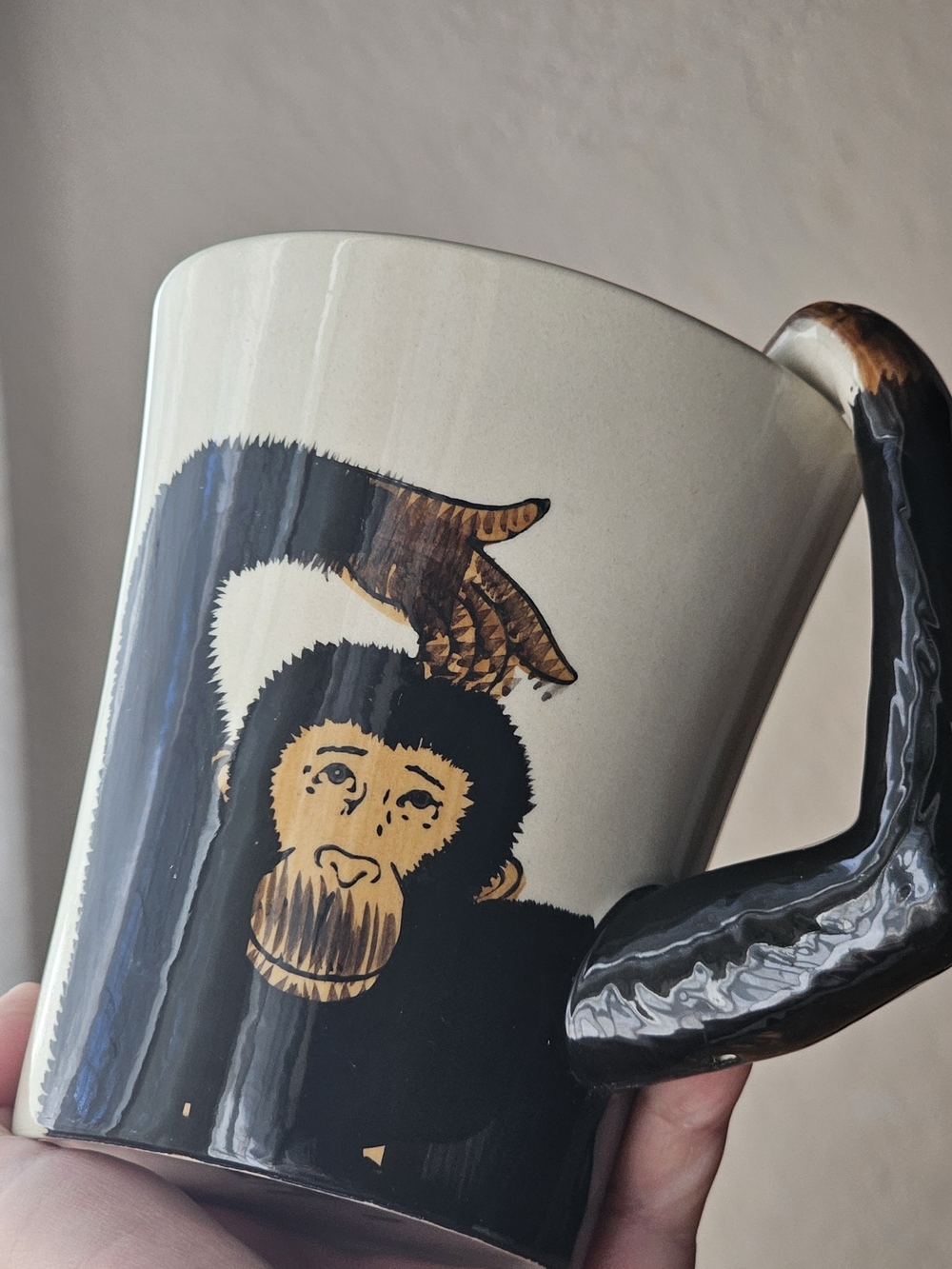 Pier 1 Imports Handpainted 3D Chimpanzee Monkey Handle Stoneware Coffee Mug